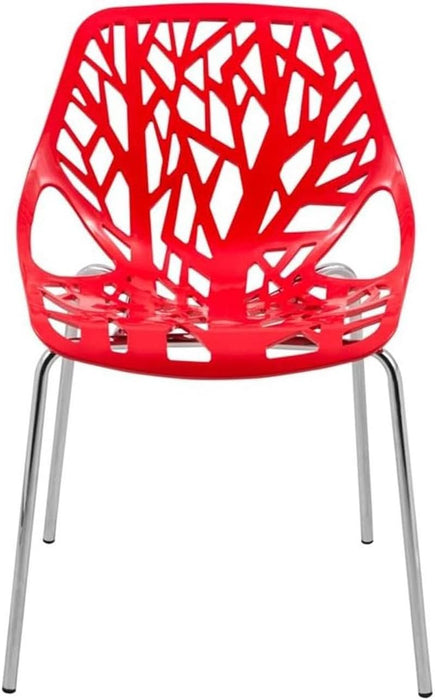 Forest Modern Dining Chair Set of 4 Red, Cut-Out Solid Back, Durable Polypropylene Seat with Chromed Legs, Stackable Contemporary Kitchen and Dining Room Chairs