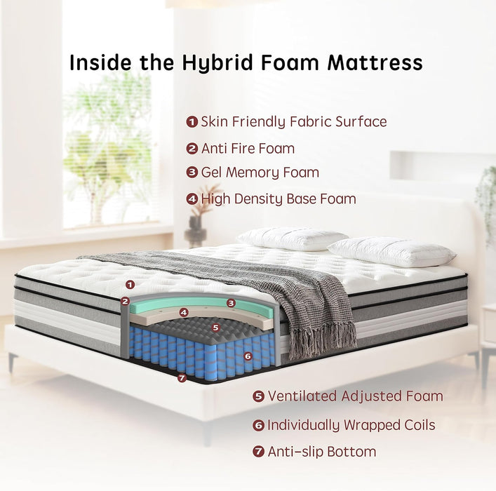 Queen Mattress, 12 Inch Innerspring Hybrid Mattresses in a Box with Gel Memory Foam, Individually Wrapped Encased Coil Pocket Spring Mattress, Pressure Relief, Medium Firm Support, 60"*80"*12"