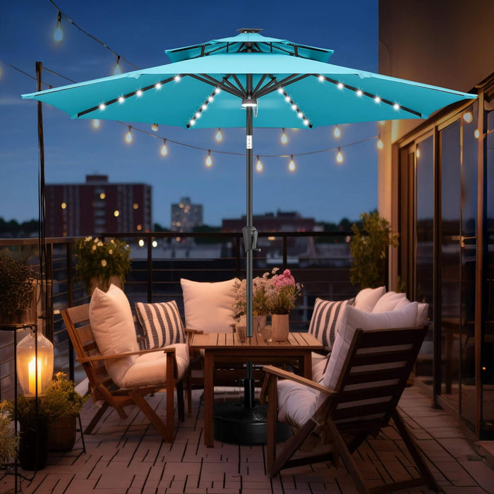 2 Tiers 9Ft Solar Light Patio Umbrella, 40 LED Lights Outdoor Umbrella with Centre Surround Light, Table Market Umbrella for Deck, Pool, Porch, Backyard, Garden (Aqua Blue)