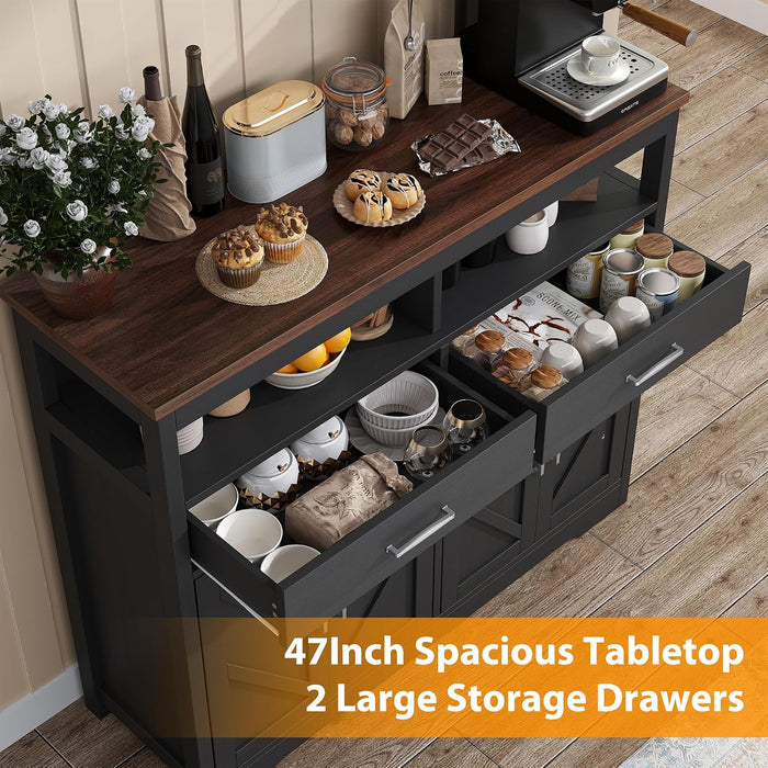 Sideboard Buffet Cabinet with Storage & Shelves, Farmhouse Kitchen Storage Cabinet Wood Coffee Bar Sideboard Cabinet with 4 Doors for Kitchen, Living Room, Entryway, 47" W Black