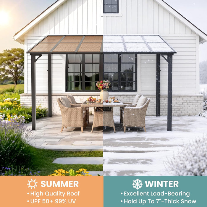 10X28Ft Wall Mounted Gazebo, Hardtop Lean to Gazebo with Aluminum Frame & UV Resistant Polycarbonate Roof, Outdoor Patio Awning for Deck, Porch, Lawn & Backyard