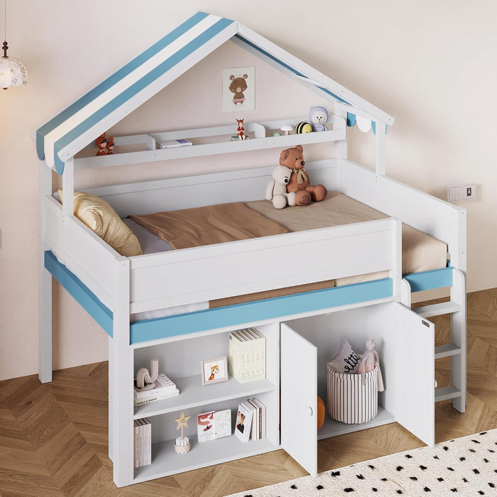 WhiteBlue Full Size Loft Bed WithIntegratedStorage