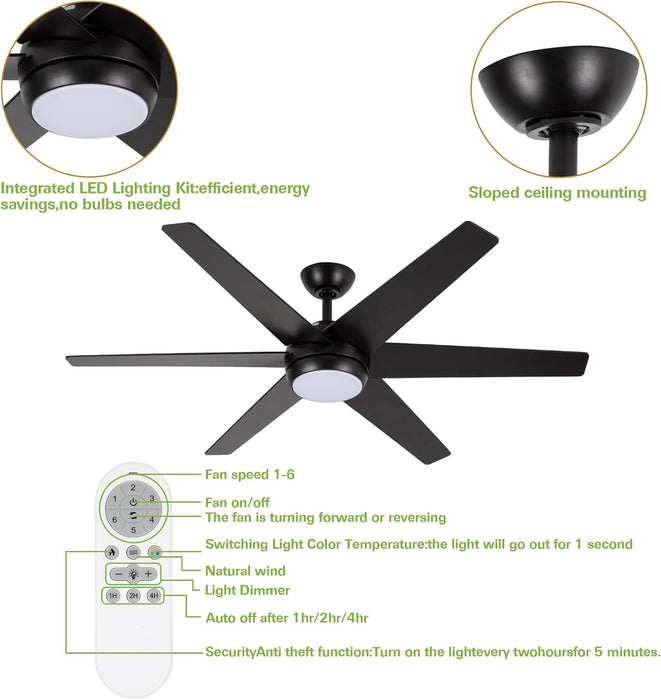 54 Inch Indoor Modern Quiet Reversible Motor Ceiling Fan with LED Lights and Remote Control, 6 Blades, 6 Speed, Dimmable, 3CCT, Black