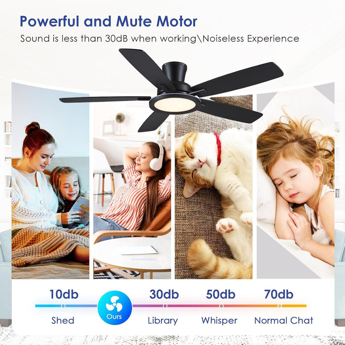 Flush Mount Ceiling Fan with RGB Light - 52In Black Ceiling Fan Light with Reversible Mute Motor, LED 3CCT Dimmable, Low Profile Modern Ceiling Fans for Indoor, Party, Covered Outdoor