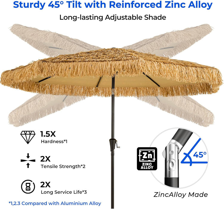 9Ft Hula Thatched Hawaiian Style Tiki Umbrella with Crank & Tilt, UPF 50+ Nylon Thatch & 220GSM Polyester Canopy, 8 Heavy-Duty Steel Ribs for Outdoor, Patio, Beach, Pool, Backyard, Garden