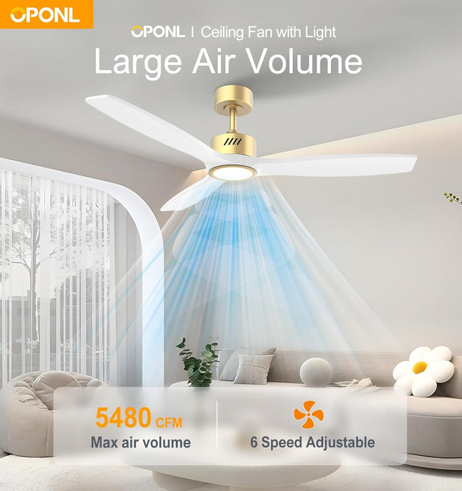 White Wood Ceiling Fan with Light 52Inch, Low Profile, Remote Control, Downrod Mount, Noiseless, Reversible, 6CCT, Dimmable, 6 Speeds, Timeable, Ceiling Fans with Lights for Living Room