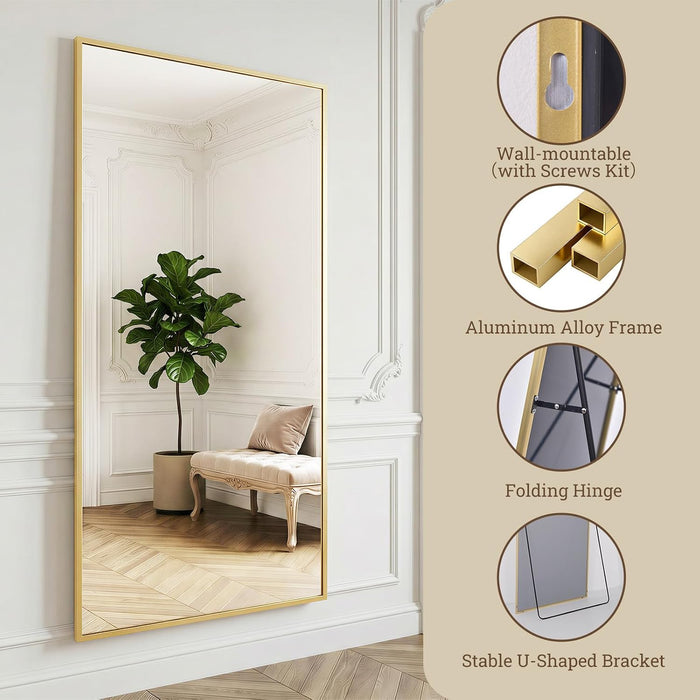 Full Length Mirror with Stand, 65"X24" Gold Full Body Mirror