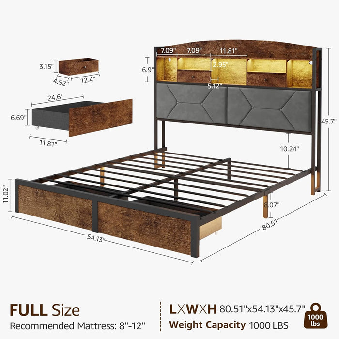 Full Size Bed Frame with 4 Storage, Upholstered Velvet Platform Bed Frames with Button Tufted Headboard Led Lights, Wooden Slats Support, No Box Spring Needed, Rustic Brown