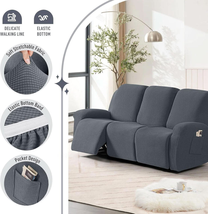 Recliner Sofa Covers 8-Pieces Stretch Large Couch Covers for 3 Seats Reclining Slipcovers Soft Jacquard Pattern Furniture Protector (Grey)