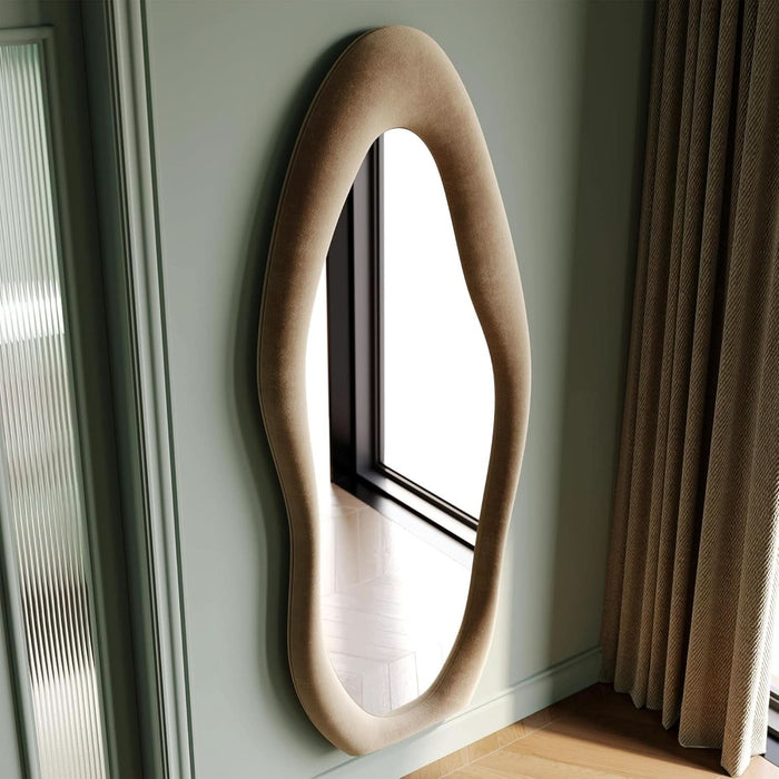 Full Length Mirror, 63" X 24" Wall Mirror, Flannel Wrapped Wooden Frame Floor Mirror, Irregular Wavy Mirror Hanging or Leaning against Wall for Cloakroom/Bedroom/Living Room, Milk Tea