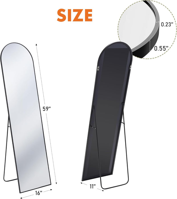 Black Arched Full Length Mirror 60"X16" for Bedroom, Full Body Mirror with Stand, Hanging or Leaning for Wall, Aluminum Alloy Thin Frame Floor Standing for Living Room