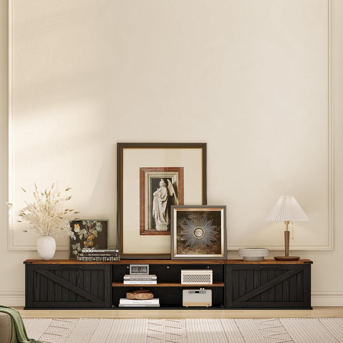 Floating TV Stand with Flip Doors, 70'' Farmhouse Floating TV Shelf for Tvs up to 90 Inch, 2 Tier Wall Mounted TV Stand, Floating Entertainment Center, TV Floating Cabinet for Living Room, Black