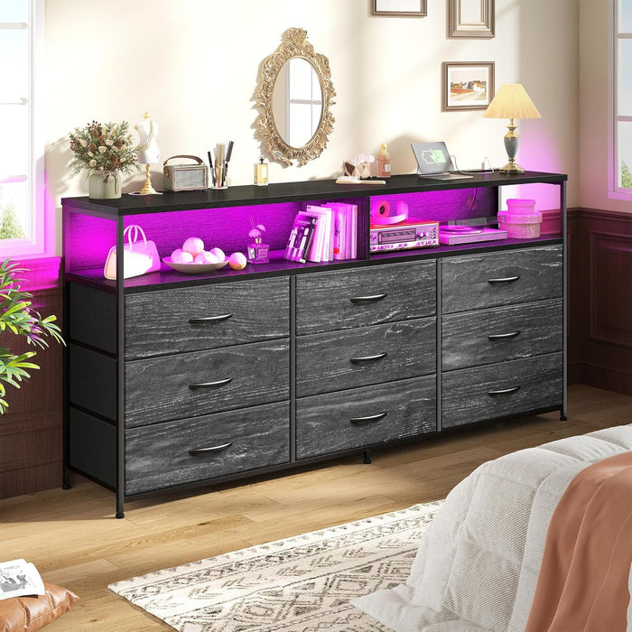55" W Dresser for Bedroom with 9 Drawers LED TV Stand with Power Outlets for 45, 55, 65 Inch TV Sturdy Long Chest of Drawers with Extra 2 Wooden Shelves Steel Frame Grain Black