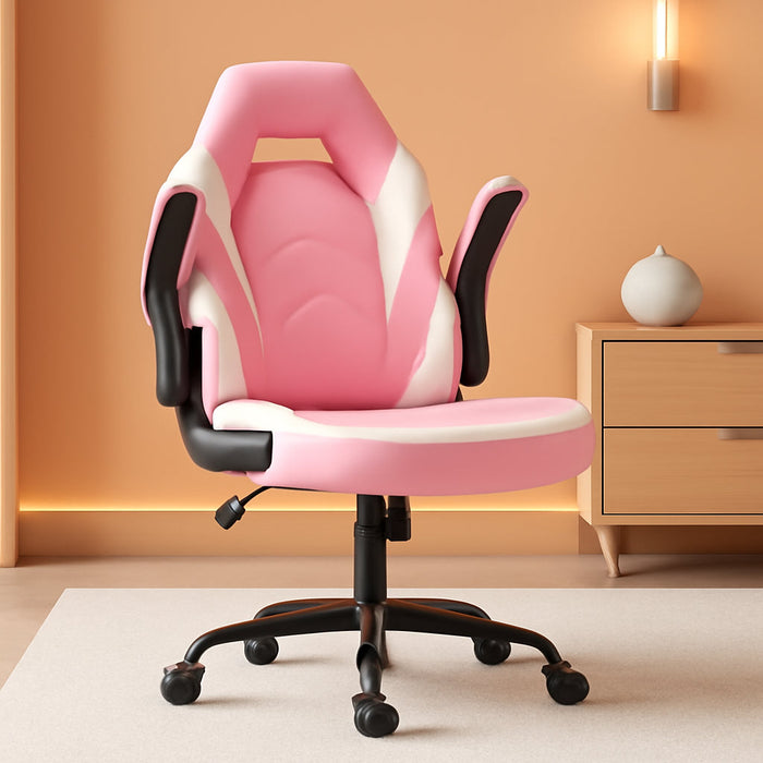 Computer Gaming Desk Chair - Pink Ergonomic Office Executive Adjustable Swivel Task PU Leather Racing Chair with Flip-Up Armrest for Adults, Kids, Men, Girls, Gamer, White Pink