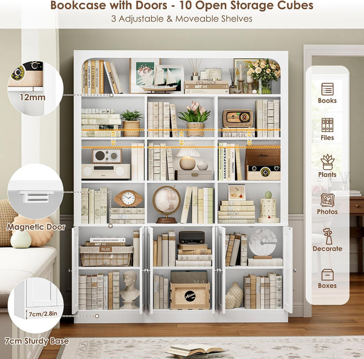 70.9" Bookcase Tall Bookshelf with Doors, Triple Wide Bookshelves | White Large Bookshelf with 10 Display Shelves, 6-Tier Tall Bookcases with Storage Cabinet, Adjustable Shelf, for Living Room