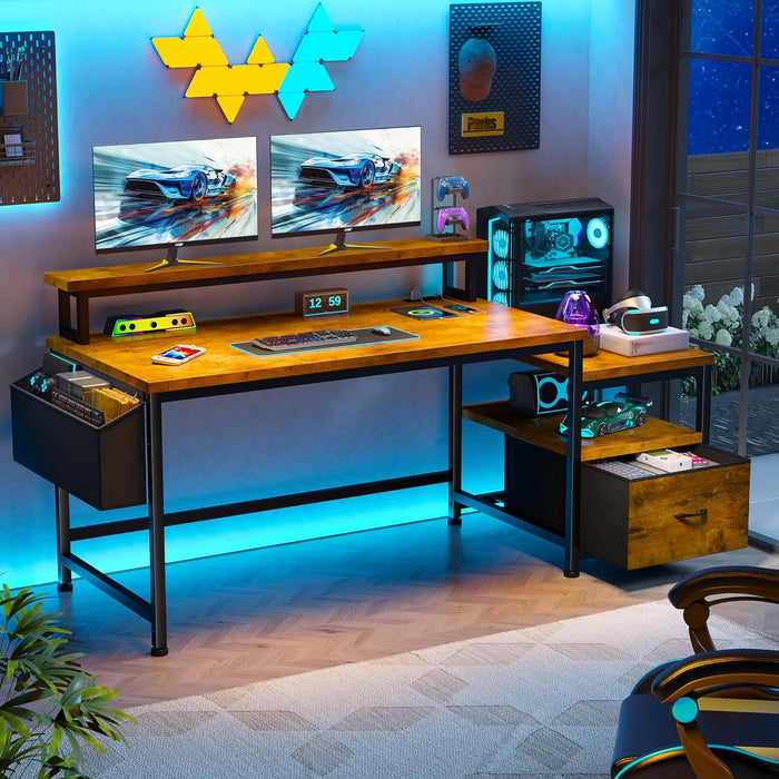 56.5" Office Desk with Drawers and Printer Space,Computer Desk with Power Outlets,Home Office Desks with File Drawers Cabinet,Study and Gaming Desk with Shelves Monitor Stand,Rustic Brown