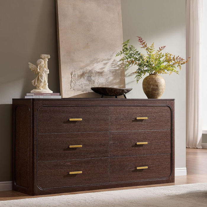 60" Wide Transitional 6-Drawer Dresser for Bedroom, Cacao Walnut
