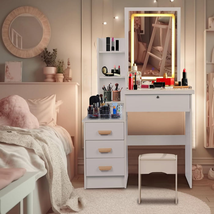 White Vanity Desk With Mirror Lights StorageDrawers