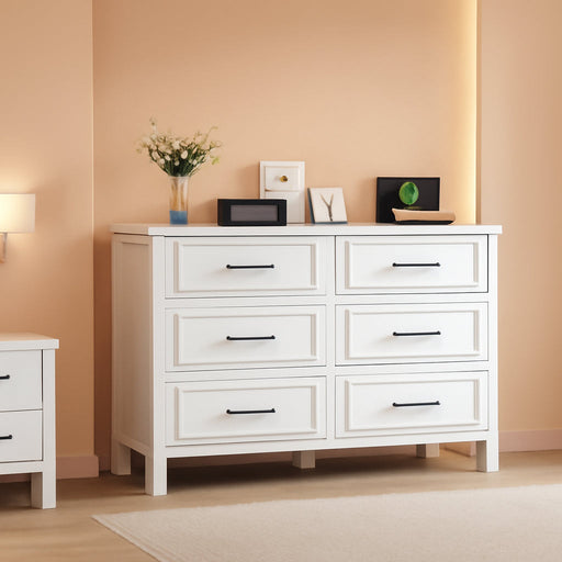 6-Drawer Dresser with Built-In Power Outlet, Wood Dresser TV Stand with 6 Large Drawers and Bar Handles, White Dresser Chest of Drawers for Living Room, Hallway, Entryway