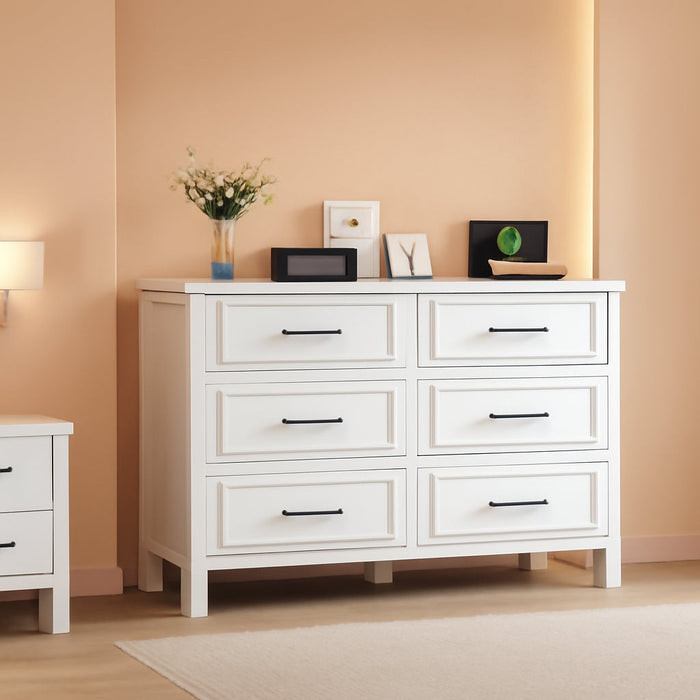 6-Drawer Dresser with Built-In Power Outlet, Wood Dresser TV Stand with 6 Large Drawers and Bar Handles, White Dresser Chest of Drawers for Living Room, Hallway, Entryway