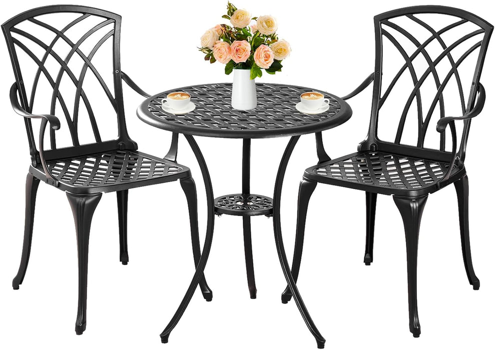 Outdoor 3 Piece Bistro Set Cast Aluminum Bistro Table and Chairs Set of 2, All Weather Bistro Patio Set, Patio Furniture for Garden Black