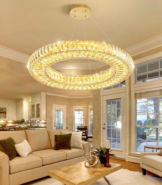 23.6'' Modern LED Ring Pendant Light Dimmable Crystal Chandelier for Dining Room Living Room Bedroom Gold