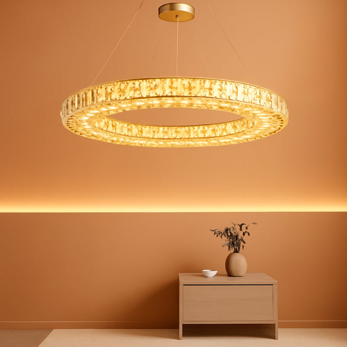 23.6'' Modern LED Ring Pendant Light Dimmable Crystal Chandelier for Dining Room Living Room Bedroom Gold