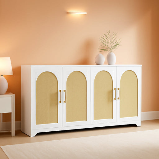 59" Rattan Sideboard Buffet Cabinet - Large Storage Cabinet with 4 Doors, Modern Console Table Accent Coffee Bar Cabinet for Living Room, Kitchen, Hallway, Dining Room, White