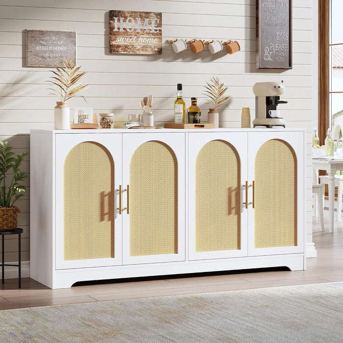 59" Rattan Sideboard Buffet Cabinet - Large Storage Cabinet with 4 Doors, Modern Console Table Accent Coffee Bar Cabinet for Living Room, Kitchen, Hallway, Dining Room, White