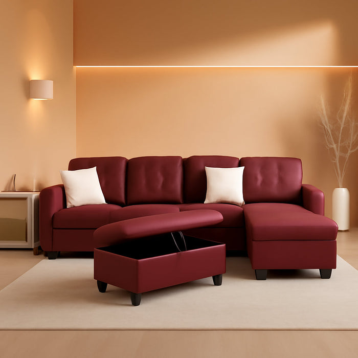 Sectional Sofa Faux Leather Modern L Shaped Couch Set 103.5”Wide Including Chaise and 3 Seating Sofa with Storage Ottoman for Living Room Furniture (Right Hand Facing, B-Red)
