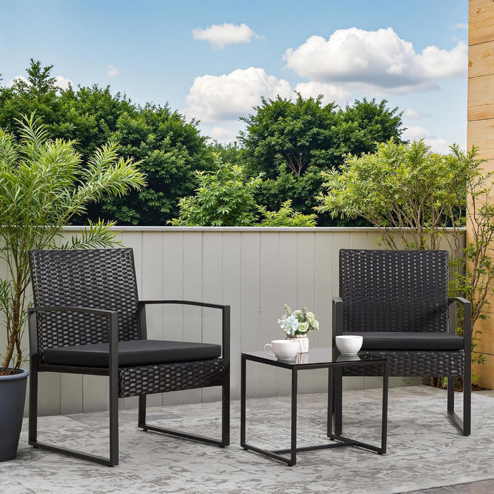 3 Piece Wicker Conversation Bistro Sets Outdoor Patio Set Modern Rattan Chair Furniture Sets with Coffee Table for Yard Garden Porch Lawn (Black)