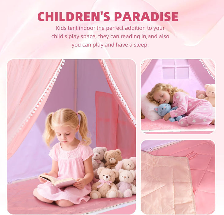 Kids Play Tents Indoor Outdoor Toddler Tent Kids Playhouse Tent Large Teepee Castle (Pink)
