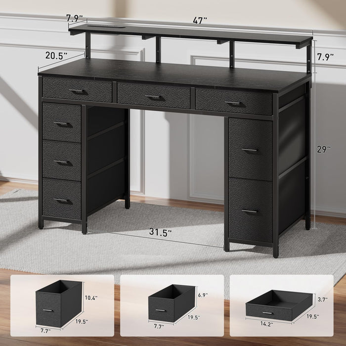47 Inch Computer Desk with 8 Storage Drawers, Gaming Desk with LED Lights & USB Power Outlets, Home Office Table with Monitor Stand, Study Writing Work Table for Bedroom, Black