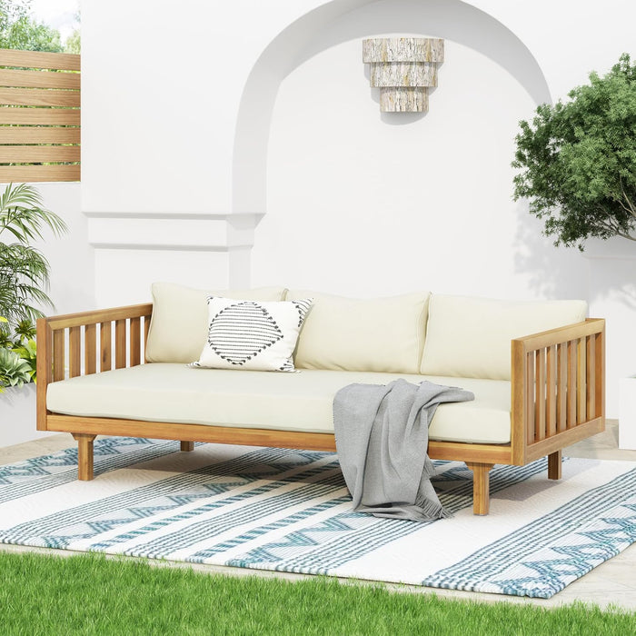Outdoor Acacia Wood Conversation Set - Patio 3-Seat Loveseat Sofa W/Coushion and round Coffee Table for Backyard, Lawn, Balcony, Teak+Beige