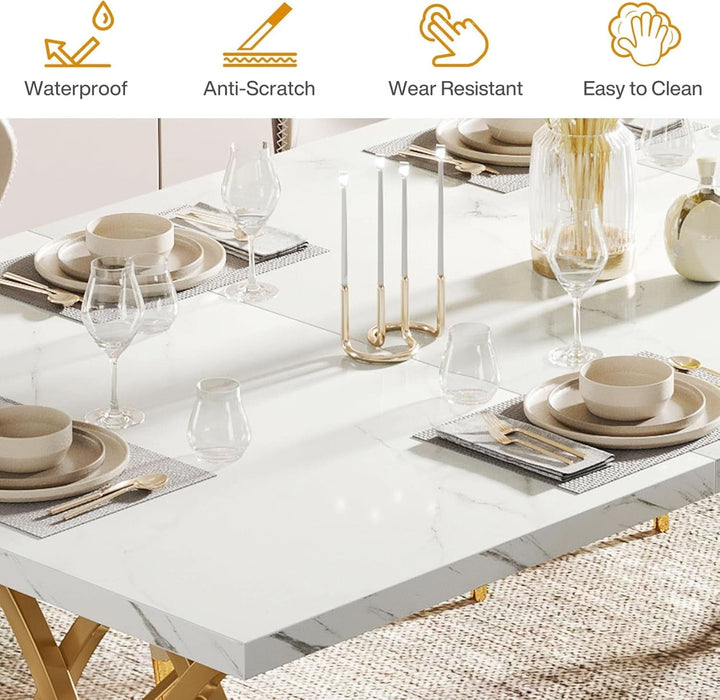 Modern Dining Table, 63" Large Kitchen Table for 4-6 People, Unique Rectangular Dinner Table Kitchen & Dining Room Furniture with Faux Marble Tabletop and Geometric Legs