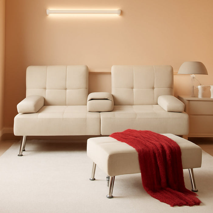 Linen Modern Folding Futon, Reclining Sofa Bed for Apartment, Dorm W/Removable Armrests, 2 Cupholders - Beige