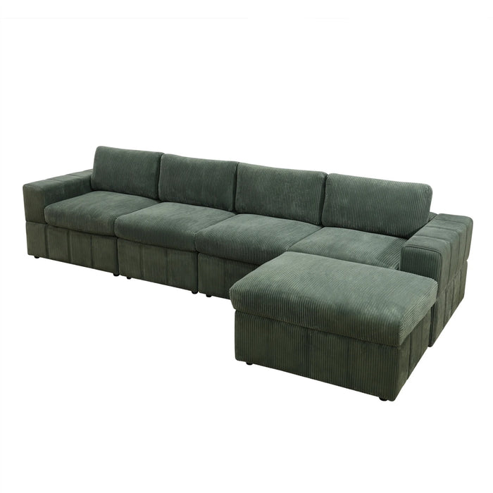 Sectional Sofa, 132" Oversized 4 Seater Couch with Ottoman for Living Room, Corduroy, Green