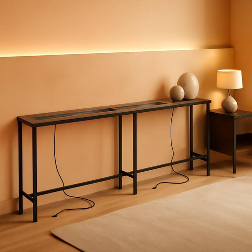 79 Inch Sofa Table with 2 Power Outlets and USB-C Ports, 5.9 Inch Narrow Console Table with Storage, Long Entryway Hallway Couch Table behind Sofa, Small Spaces, Living Room, Rustic Brown