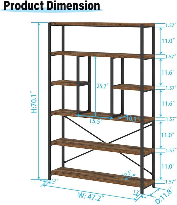 Rustic Bookcases and Book Shelves, Metal Wood 6 Tier Bookshelf and Book Rack Storage, Industrial Vertical Display Etagere Book Case 6 Shelf, Vintage Large Book Shelf for Bedroom Living Room, Brown