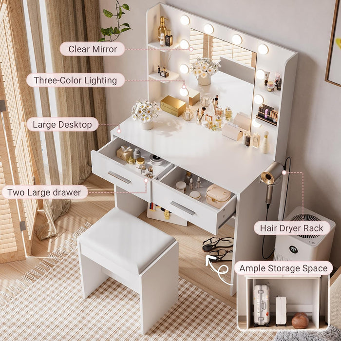 Makeup Vanity Desk with Mirror and Lights Power Outlet, Vanity Table Makeup Desk 2 Drawers, 6 Storage Shelves Hairdryer Holder & Bench Dressing Table for Bedroom (White, with Bench)