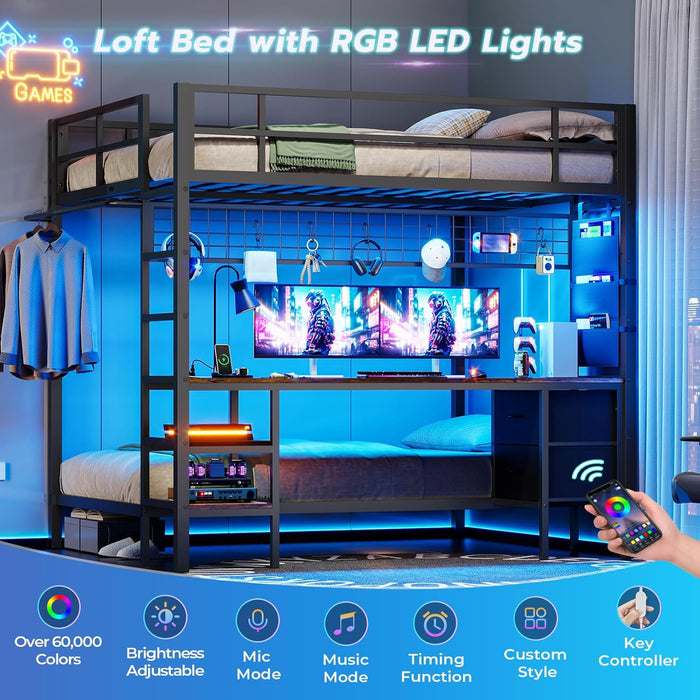 Full over Twin Bunk Bed with Desk and Charging Station Metal Full Size over Twin Loft Bed with Led Lights & Storage Shelves and Drawers for Teen,Safety Guard & Stairs,No Box Spring Needed,Black