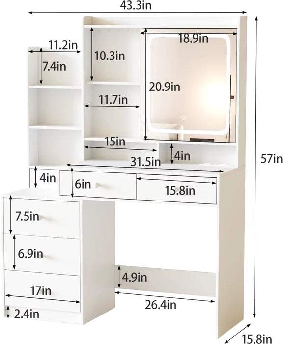 Vanity Makeup Mirror Desk with Stool Makeup Vanity Set with 6 Drawers and Shelves Vanity Table with Power Strip