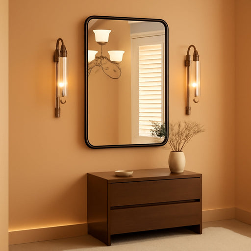 Black Metal Framed Vanity Rounded Rectangle Bathroom Mirrors for over Sink Wall, 30X22 Inch Matte Large Mirror, Modern Decorative for Restroom, Farmhouse, Horizontally or Vertically Hanging