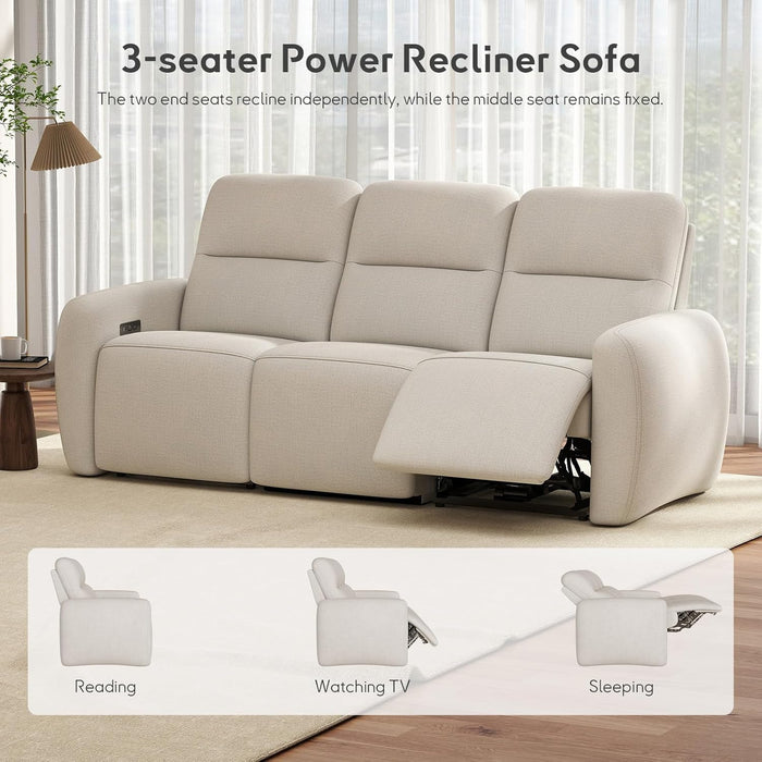 3 Seater Power Reclining Sofa, Overstuffed Recliner Couch with USB and Type-C Charge Ports, Reclining Couches for Living Room, Home Theater, RV (Beige, Fabric)