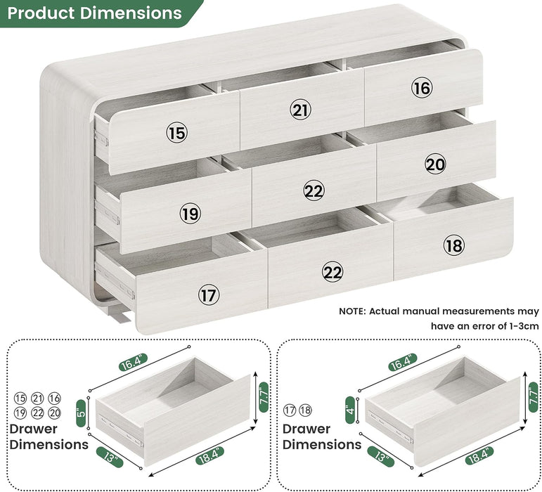 White Dressers of 9 Drawers, Chest Dresser with Deep Drawers, Modern Dresser Closet for Bedroom, Curved Drawer with Large Storage, 57'' Wide