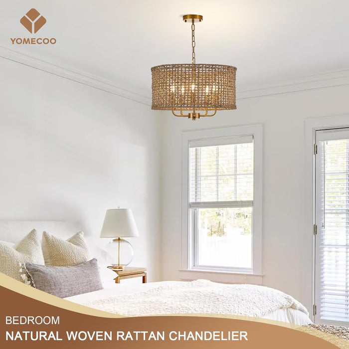 Golden Handwoven Rattan Drum Chandelier Dining Room