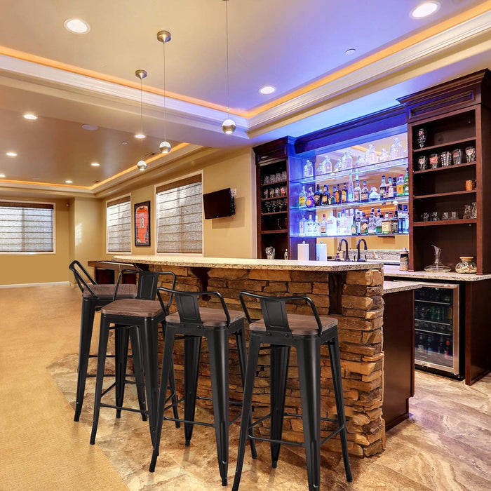 30" Metal Barstools Set of 4 Bar Height Bar Stools with Wooden Top Low Back Industrial Bar Stools Metal Stool for Indoor-Outdoor Counter Stools with Wooden Seat Matte Black