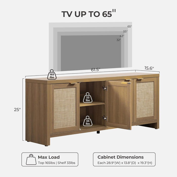TV Stand for Living Room Boho Entertainment Center for Bedroom with 4 Rattan Cabinets Farmhouse Television Stands with Storage Large Media Console Table for Tvs up to 65 Inch