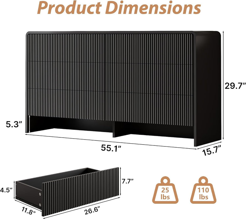 55" Wide Modern Curved 6 Drawer Dresser，Black