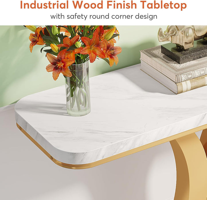 Modern Gold Console Table, 40 Inch Narrow Entryway Foyer Table with Geometric Base, Rustic Hallway Accent Table for Living Room, Entrance, White and Gold